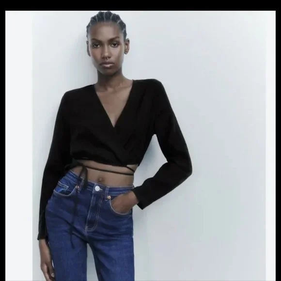 Crop Top Zara Noir à Bords Cravate Et Bretelles - Taille S-M, Lin, Neuf Avec étiquettes